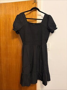 Black Smocked Square Neck Puff Sleeve Mini Dress